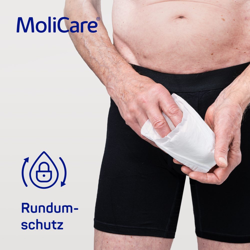 Ein Produktbild zeigt die Verpackung von MoliCare Premium Men Pad, einem Inkontinenzprodukt für Männer. Die Vorderseite der Packung ist überwiegend in Blau gehalten und enthält den Produktnamen sowie die Hinweis auf den Rundumschutz. Auf der rechten Seite sind Informationen zu absorbierender Kapazität und Größe sichtbar. Die Verpackung ist in einer stabilen Form abgebildet, um das Produkt ansprechend zu präsentieren.