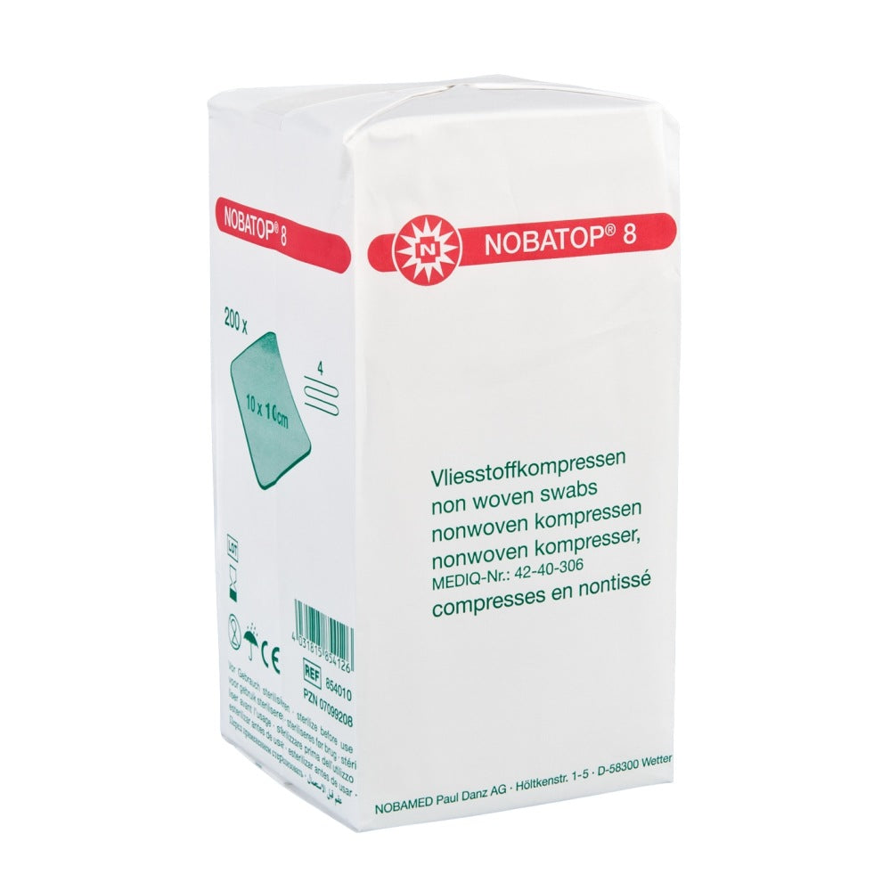 Packung NOBATOP 8 Vliesstoffkompressen, 10 × 10 cm, 4-fach, 200 Stück, unsteril, für medizinische Wundversorgung.