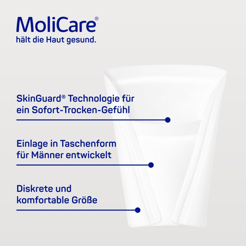 Produktbild der MoliCare Premium Men Pad 2 Tropfen, abgebildet in einer quadratischen Packung mit der PZN-18659188. Die Hauptfarben der Verpackung sind Blau und Grün, mit einer klaren und gut lesbaren Beschriftung, die Produktinformationen und Vorteile hervorhebt. Das Bild zeigt eine leicht geöffnete Packung, aus der ein einzelnes Inkontinenzprodukt sichtbar ist.