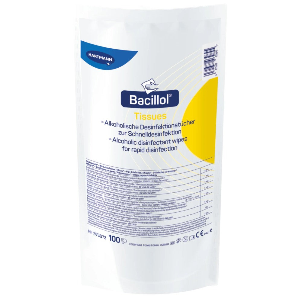 Nachfüllpackung mit Bacillol-Tüchern in einem weißen, leicht glänzenden Beutel. Der Beutel ist auf der Vorderseite mit einem blauen und grünen Muster sowie dem Produktnamen "Bacillol" und der Bezeichnung "Desinfektionstücher" in klarer, lesbarer Schrift bedruckt. Auf der Rückseite sind Anwendungshinweise und Inhaltsstoffe aufgelistet. Im Vordergrund sind die Tücher, die eine sanfte und strapazierfähige Textur besitzen.
