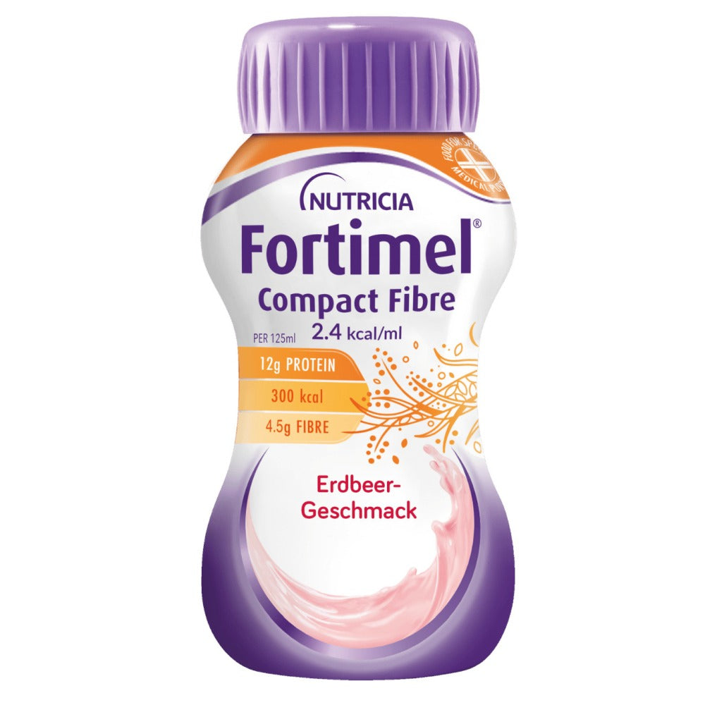 Produktbild von Fortimel Compact Fibre in der Geschmacksrichtung Erdbeere. Die Verpackung ist eine schlanke, mehrfarbige Flasche mit einem ansprechenden Design, die auf einem hellen, neutralen Hintergrund abgebildet ist. Die Hauptfarbe der Flasche ist eine sanfte Rosa- und Erdbeertöne, die das Produkt ansprechend wirken lassen. Auf der Vorderseite sind der Produktname, die Geschmacksrichtung und wichtige Informationen wie der Nährwert in gut lesbarer Schrift zu sehen.