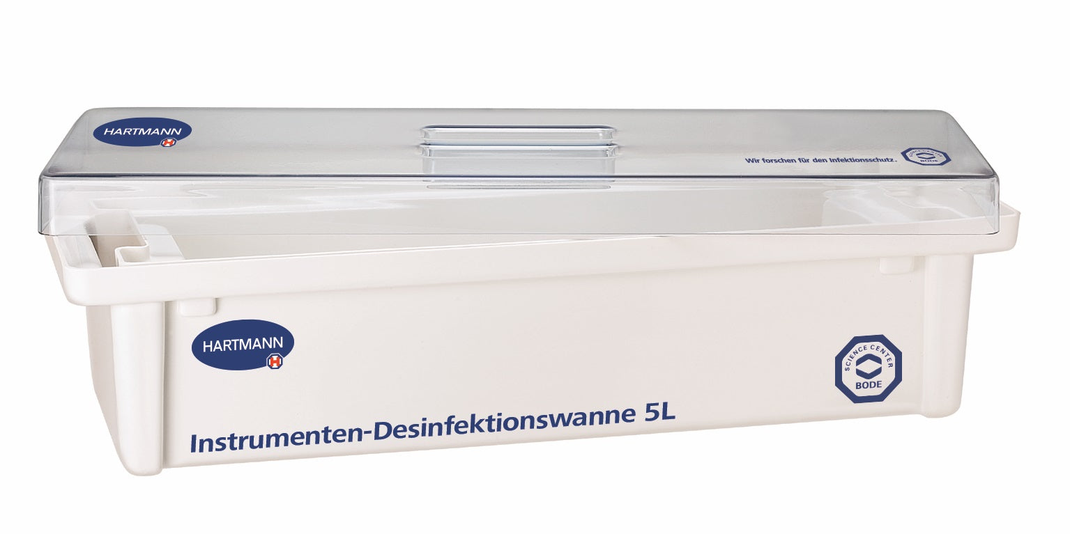 Instrumenten-Desinfektionswanne 5 L von Hartmann mit transparentem Deckel, rechteckige Form in Weiß.