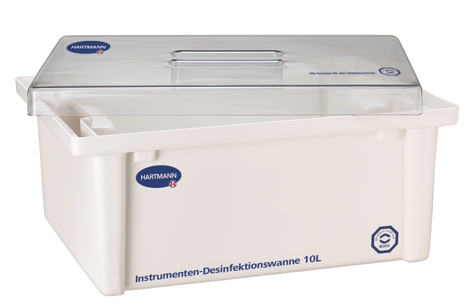 Große Desinfektionswanne 10 L von Hartmann mit klarem Deckel, stabile Ausführung für medizinische Instrumente.