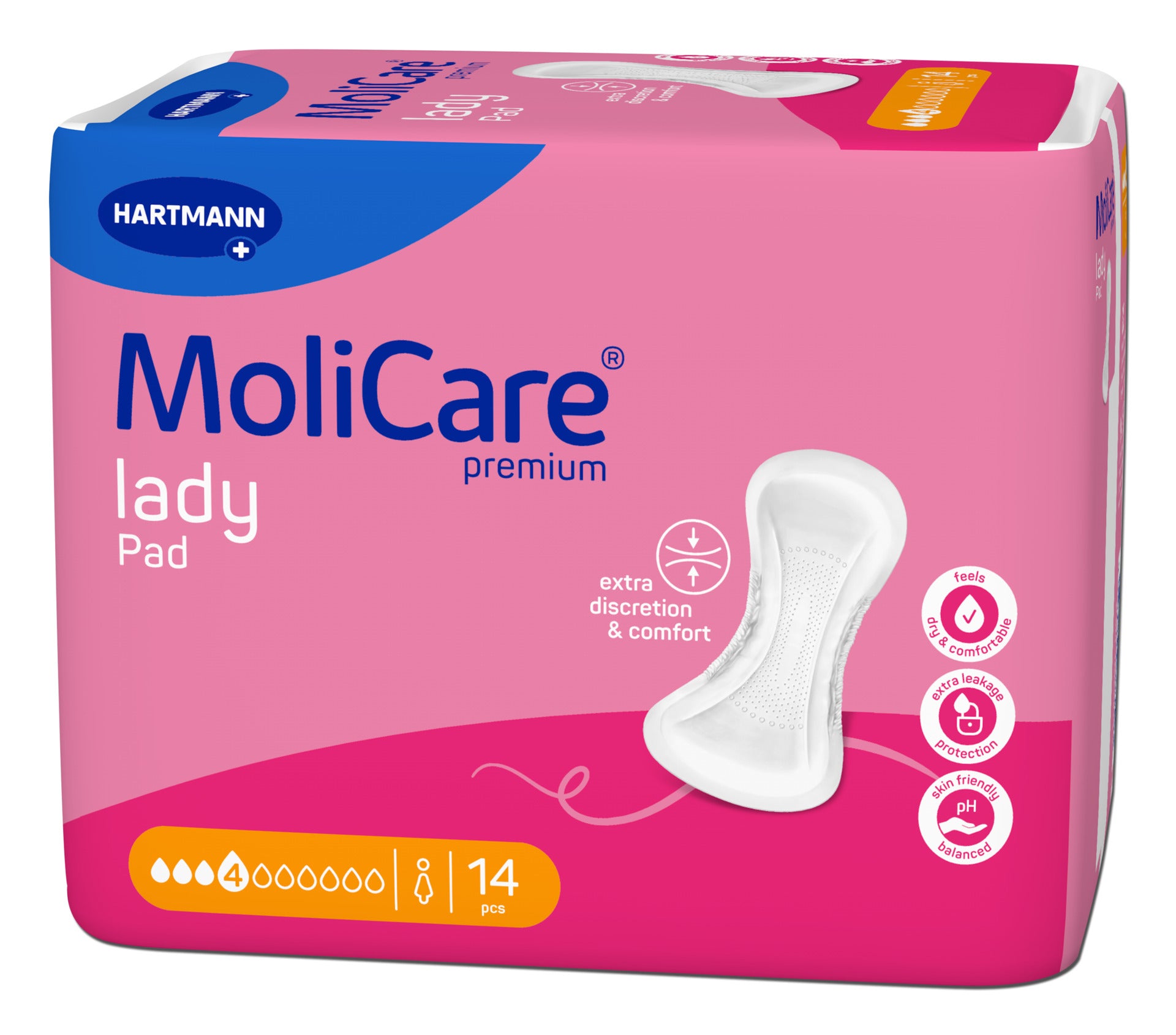 Ein MoliCare Premium Lady Pad wird auf einem hellen Hintergrund gezeigt. Das Pad hat eine spezielle, feminine Form und ist in einer weißen Verpackung verpackt, die mit lila und blauen Details versehen ist. Auf der Vorderseite der Verpackung steht der Produktname „MoliCare Premium Lady Pad“ in geschwungener Schrift. Zudem sind Informationen zur Saugfähigkeit und zur Anwendung abgedruckt.