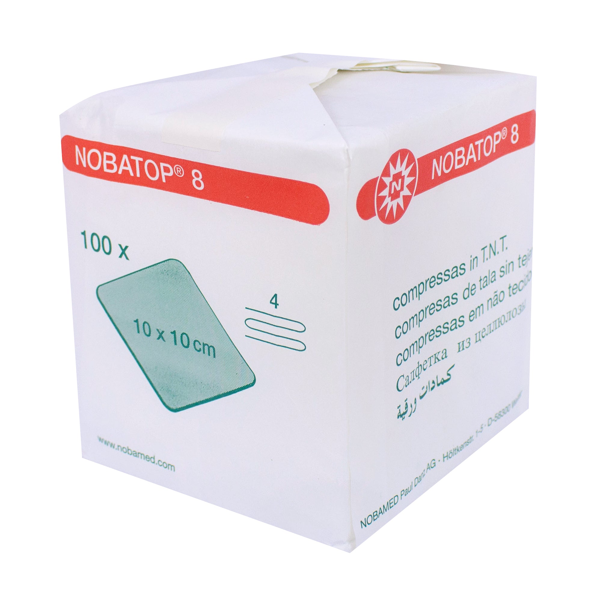 Vielseitige Nobatop 8-fach unsterile Wundverbände in einer Packung mit 100 Stück. Jeder Verband hat eine quadratische Form mit einer Größe von 10x10 cm. Die Wundverbände sind aus einem atmungsaktiven Material gefertigt, das eine sanfte Hautverträglichkeit bietet. Auf dem Bild sind die Verbände in einer transparenten Verpackung abgebildet, die sich leicht öffnen lässt. Die Packung ist farbenfroh gestaltet und enthält wichtige Informationen wie die Anzahl der Stücke und die Anwendungsbereiche.