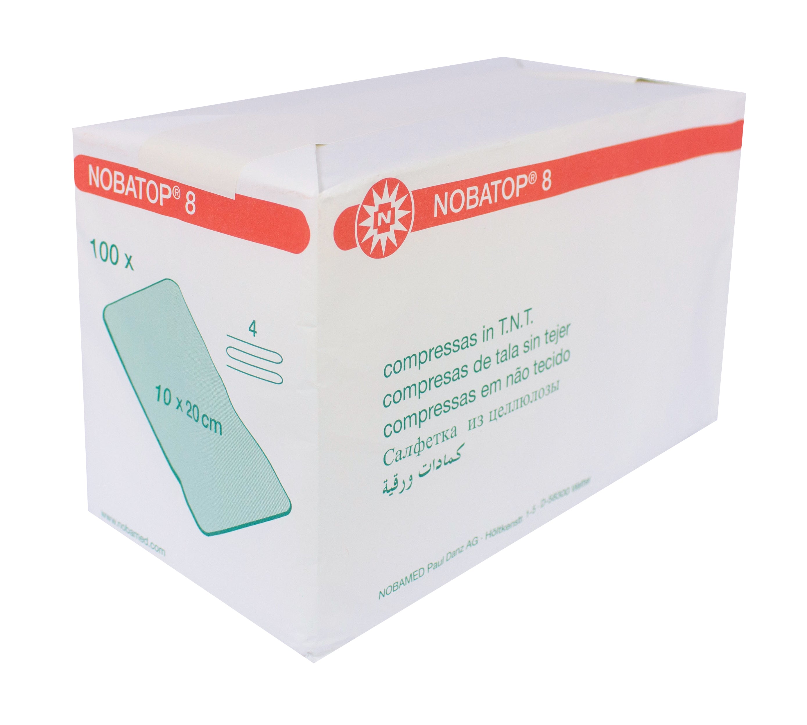 Ein Paket mit vierfach unsterilen Wundverbänden, bestehend aus 100 Stück in der Größe 10 x 20 cm. Die Verbände sind in einer transparenten Kunststoffverpackung angeordnet, die die einzelnen Verbände klar sichtbar macht. Die Verpackung zeigt eine klare Beschriftung mit dem Produkttitel und wichtigen Informationen. Der Hintergrund ist neutral, um den Fokus auf die Verbände zu legen. Die Wundverbände sind für eine vielseitige Anwendung im medizinischen Bereich geeignet.