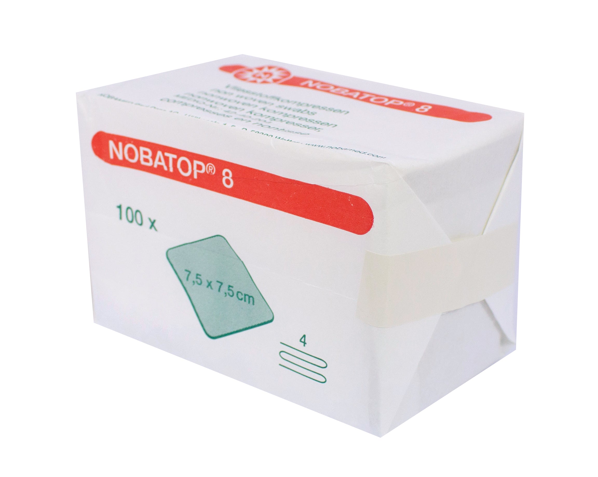 Alt-Text: Das Bild zeigt eine Verpackung mit 100 Stück unsterilen Nobatop 8 Vierfach-Verbänden in der Größe 7,5 x 7,5 cm. Die transparente Verpackung zeigt die Verbände, die in einem kompakten Format angeordnet sind. Der Verband selbst hat eine quadratische Form und ist weiß. Auf der Verpackung sind Produktinformationen und ein Barcode abgedruckt. Das Design ist schlicht und funktional, ideal für den Einsatz in der Wundversorgung.