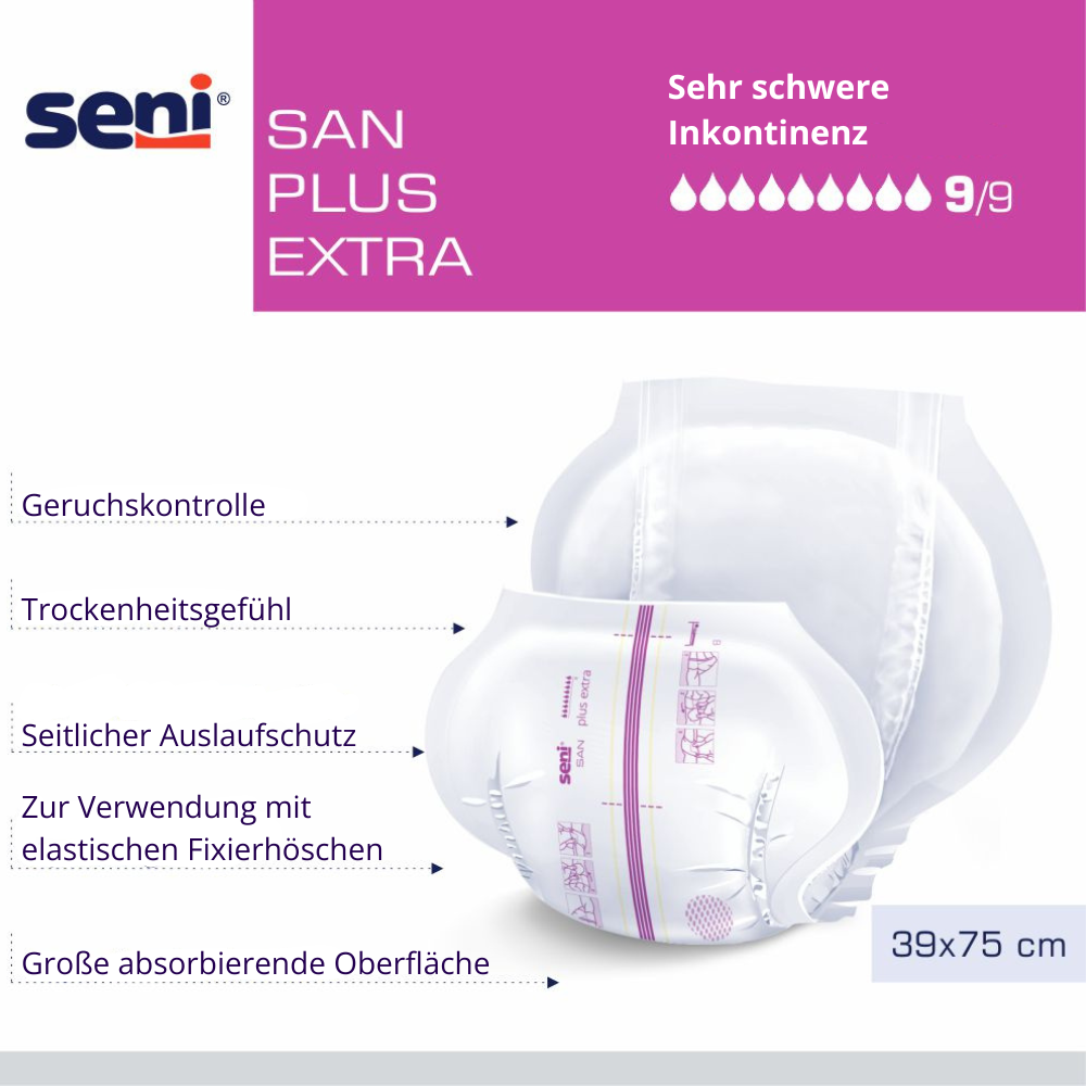 Seni San Plus Extra bei sehr schwerer Inkontinenz (9/9) – Geruchskontrolle, Trockenheitsgefühl, Auslaufschutz, große Absorptionsfläche, 39 × 75 cm.