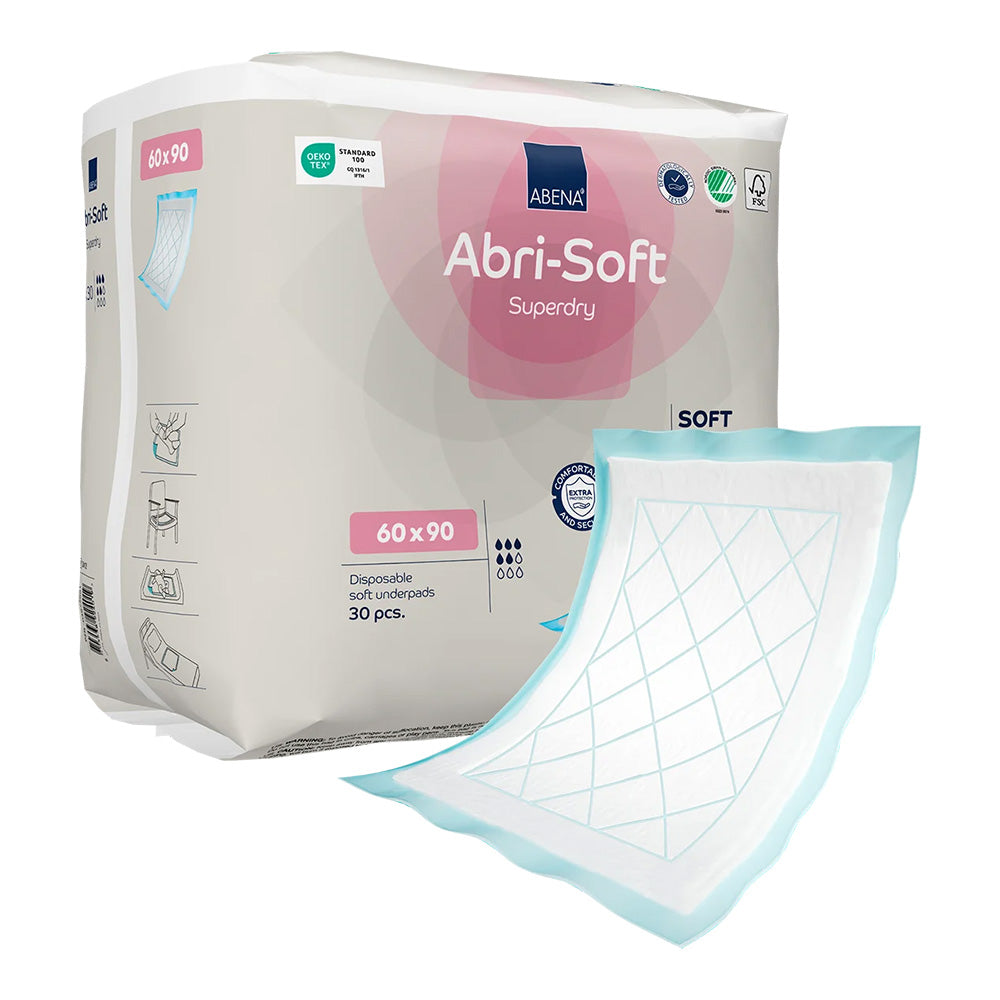 Weißes, faltbares Krankenunterlage-Produkt in einer Packung, die Abena Abri-Soft Superdry Markenbezeichnung trägt. Die Unterlage misst 60 x 90 cm und ist auf der Vorderseite deutlich sichtbar abgebildet. Die Verpackung zeigt Informationen über die Produktmerkmale, darunter hohe Saugfähigkeit und Schutz vor Nässe. Im Hintergrund ist ein neutraler, heller Untergrund, der die Produktdetails hervorhebt. Perfekt geeignet für die hygienische Versorgung in medizinischen oder pflegerischen Einrichtungen.
