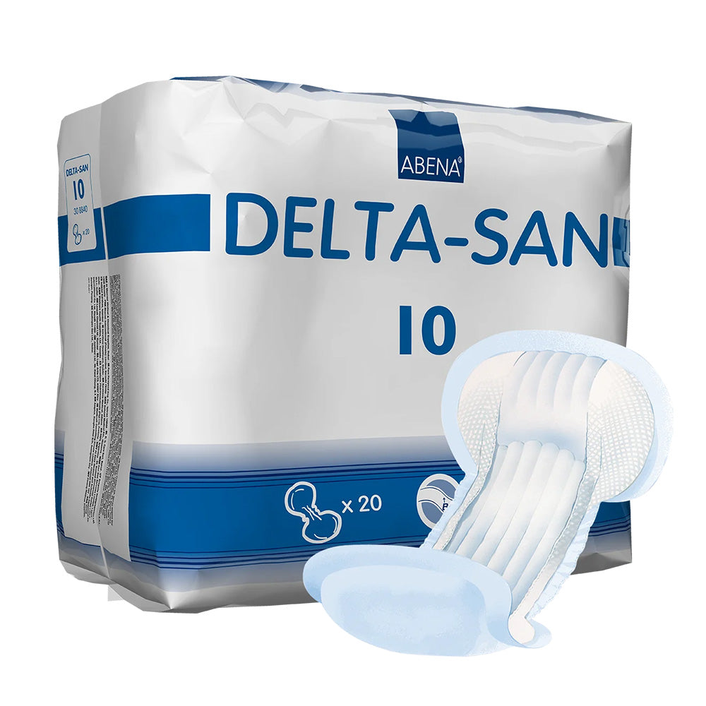 Produktbild der Abena Delta San 10 Inkontinenzvorlagen. Die Verpackung ist in einem ansprechenden Design gehalten und zeigt ein hellblaues Farbschema mit weißen Akzenten. Auf der Vorderseite sind Produktname und relevante Informationen klar sichtbar. Die Vorlagen sind sicher und hygienisch verpackt, ideal für die Bedürfnisse von Menschen mit Inkontinenz. Die Abbildung vermittelt Vertrauen und Qualität, dass die Vorlagen hohen Komfort und Saugfähigkeit bieten.
