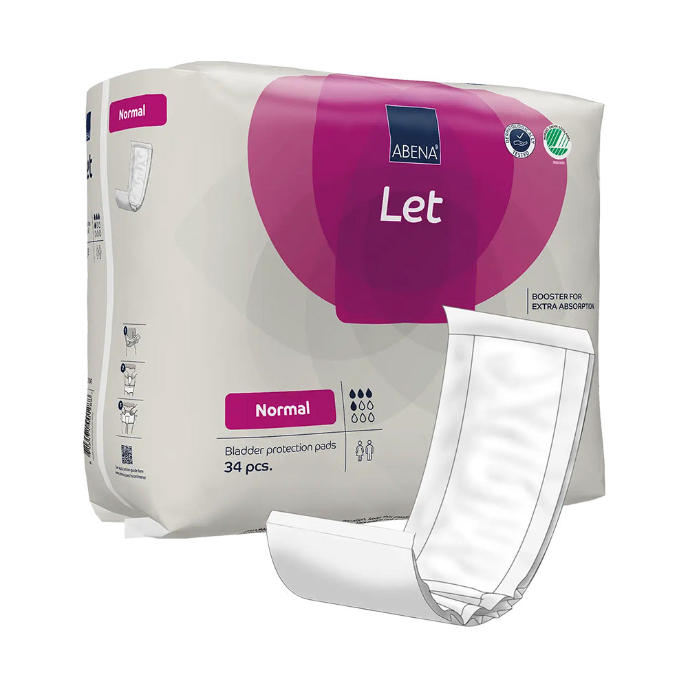 Das Bild zeigt eine Packung Abena Let’s Normal, eine Inkontinenzprodukten-Serie. Die Verpackung ist überwiegend weiß mit blauen und grünen Akzenten. Auf der Vorderseite sind das Produktlogo und die Bezeichnung "Let’s Normal" in klarer, moderner Schrift hervorgehoben. Unterhalb sind Angaben zur Größe und den absorbierenden Eigenschaften abgedruckt. Die Verpackung ist leicht transparent, was den Blick auf die einzelnen Windeln freigibt, die ordentlich gestapelt sind.