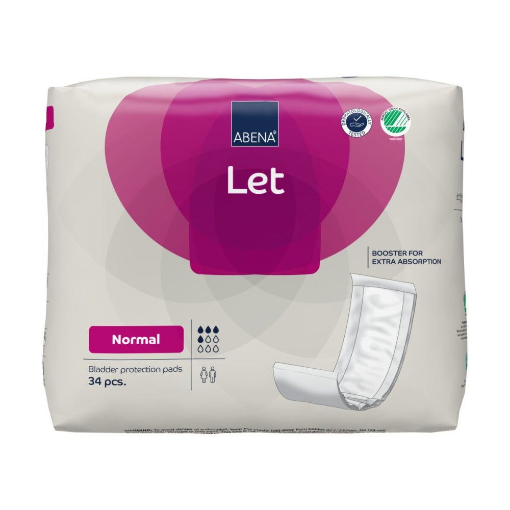 Abena Let Normal 1000021343 Produktbild: Das Bild zeigt eine Packung von Abena Let Normal Inkontinenz-Produkt. Die Packung ist überwiegend in einem hellen Blau gehalten und zeigt das Logo von Abena sowie die Produktbezeichnung in klarer Schrift. Oben auf der Verpackung sind Informationen zur Saugfähigkeit und Größe abgebildet. Der Hintergrund ist weiß. Die Verpackung ist aufrecht positioniert und wirft einen leichten Schatten auf die Oberfläche, was das Produkt ansprechend hervorhebt.