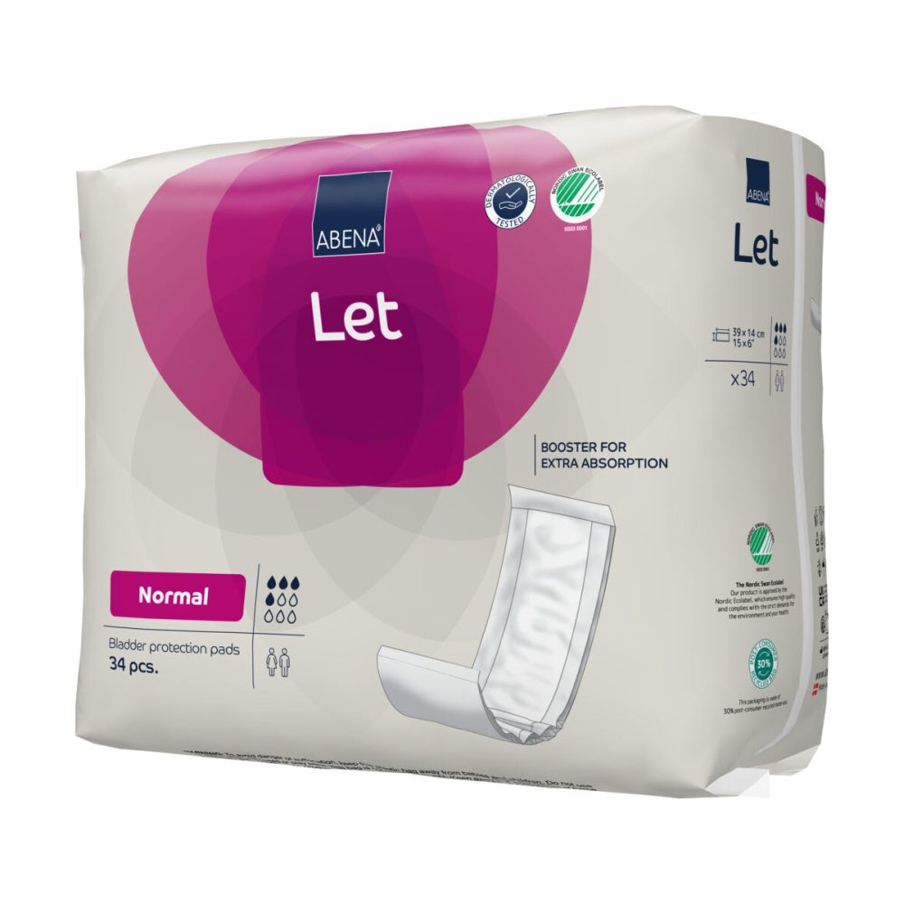 Auf dem Bild ist ein Paket mit Abena Let Normal Inkontinenzprodukten abgebildet. Die Verpackung ist überwiegend in Weiß gehalten und zeigt eine Abbildung des Produkts sowie wichtige Eigenschaften wie Saugstärke und Größe. Auf der Vorderseite sind Informationen zur Anwendung und zusätzliche Hinweise in einem übersichtlichen Layout angeordnet. Im Hintergrund ist ein neutraler, heller Farbton zu sehen, der das Produkt in den Vordergrund hebt.