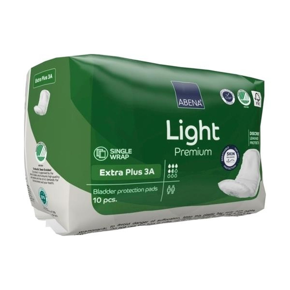 Abena Light Extra Plus 3A Inkontinenzeinlage, abgebildet auf einem weißen Hintergrund, zeigt die Verpackung der Einlage in einer klaren, übersichtlichen Darstellung. Die Vorderseite der Packung ist mit einem großen, farbigen Logo sowie den Produktdetails wie Größe und Saugstärke versehen. Das Design ist modern und ansprechend, mit einer betont hygienischen Optik.