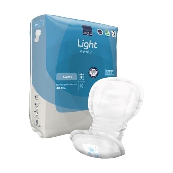 Alt-Text: Abena Light Premium Super 4 Inkontinenzeinlagen, präsentiert in einer blauen Verpackung mit einem klaren Sichtfenster. Die Einlagen sind sichtbar und zeigen das leichte, dünne Design mit einem elastischen Rand für optimalen Sitz. Auf der Verpackung sind Informationen über den Produkttyp, die Saugstärke und die Anzahl der enthaltenen Einlagen in deutscher Sprache abgebildet.