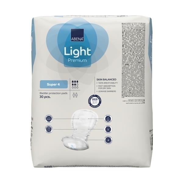 Bild von Abena Light Premium Super 4 Inkontinenzeinlagen in einer Verpackung. Die Einlagen sind hellblau und zeigen ein sanftes, strukturiertes Design, das für den Komfort und die Sicherheit bei Inkontinenz sorgt. Die Packung ist mehrsprachig beschriftet und hebt die absorbierenden Eigenschaften sowie die Hautfreundlichkeit der Einlagen hervor. Im Hintergrund ist ein schemenhafter, neutraler Farbton zu sehen, der den Fokus auf die Produktverpackung lenkt.