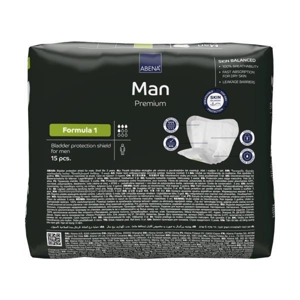 Abena Man Premium Formula 1 Inkontinenzeinlage in einer Packung. Das Produkt ist in einer blauen und weißen Verpackung mit der Aufschrift "Abena Man" und "Premium Formula 1" zu sehen. Die Einlage selbst ist flach und hat eine angenehm weiche, textile Oberfläche, die auf der Oberseite sichtbar ist. Die Verpackung zeigt Informationen über die Produktmerkmale, einschließlich Inkontinzenzschutz für Männer.