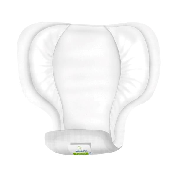 Ein hochwertiges Produktbild zeigt die Abena Man Premium Formula 1 Inkontinenzeinlage. Die Einlage hat eine längliche, schmale Form und ist in einem sanften Weißton gehalten. Die Oberfläche ist weich und strapazierfähig, mit leicht sichtbaren Abdrücken für den anatomischen Sitz. Oben links ist die Produktbezeichnung „Abena Man Premium Formula 1“ deutlich lesbar. Die Verpackung zeigt außerdem informative Symbole zu den absorbierenden Eigenschaften und zur Verwendung.