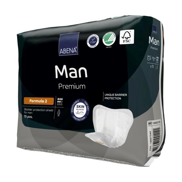 Abena Man Premium Formula 2 Inkontinenzeinlagen, präsentiert auf einem weißen Hintergrund. Die Verpackung ist klar strukturiert und zeigt eine blau-weiße Farbgestaltung. Auf der Vorderseite ist die Produktbezeichnung "Abena Man Premium Formula 2" in gut lesbarer Schrift. Das Bild illustriert die Einlagen selbst, die sich auf der linken Seite der Verpackung befinden. Die Einlagen sind kompakt und oval geformt, mit einer deutlichen Struktur, um für hohe Saugfähigkeit zu sorgen.