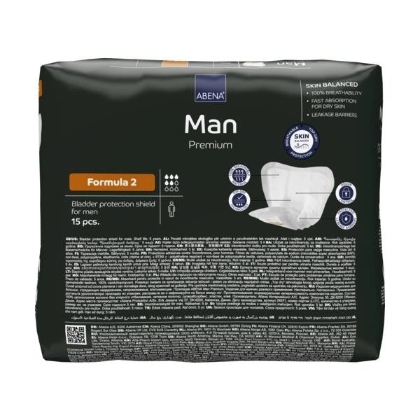 Produktbild der Abena Man Premium Formula 2 Inkontinenzeinlagen. Die Einlagen sind in einer Packung präsentiert, die eine klare und ansprechende Gestaltung aufweist. Auf der Vorderseite der Verpackung sind der Markenname „Abena“ sowie die Produktbezeichnung „Man Premium Formula 2“ deutlich sichtbar. Die Farbe der Verpackung ist überwiegend blau und grün, was eine frische und moderne Ästhetik vermittelt.