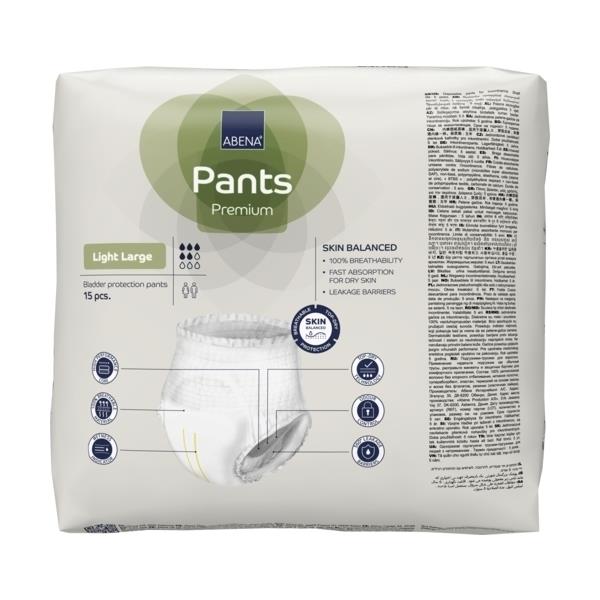 Bild eines Produkts: Abena Pants Light in der Größe Large, in der Farbe Blau. Die Inkontinenzunterwäsche ist in einer leicht gekräuselten Form dargestellt, um die Flexibilität und Bequemlichkeit zu betonen. Die Verpackung zeigt klar die Marke "Abena" sowie wichtige Informationen über die Produktkategorie "Inkontinenzpants". Die Unterwäsche ist aus einem weichen, atmungsaktiven Material gefertigt und eignet sich für diskrete Tragekomfort.