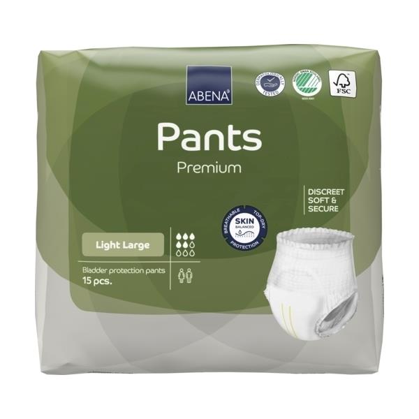 Ein Produktbild zeigt eine Packung mit Abena Pants Light, einer großen inkontinenzfreundlichen Unterwäsche. Die Verpackung ist hellgrün und enthält eine klare Abbildung der Produkte, die leicht wie Hosen aussehen und für Frauen und Männer gedacht sind. Oben in der Verpackung ist der Markenname "Abena" in blauem Schriftzug zu sehen. Die Packung betont die Eigenschaften wie "leicht", "diskret" und "komfortabel".
