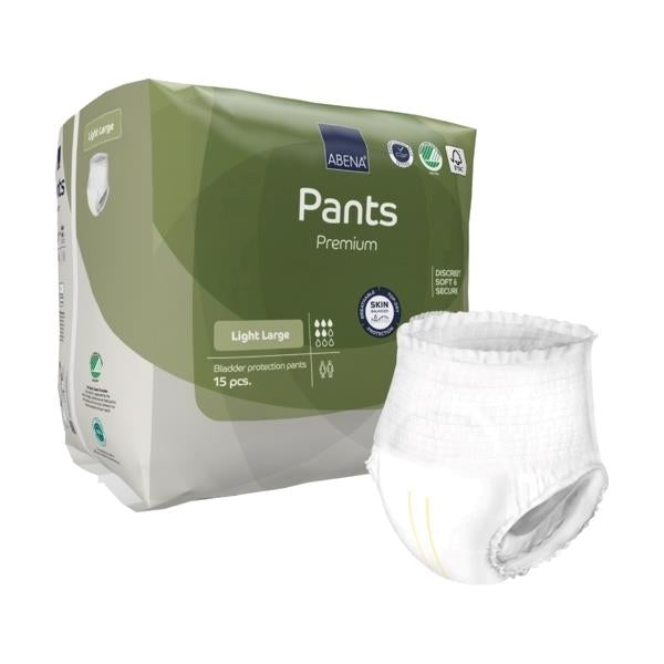 Ein Packung Abena Pants Light in der Größe Large wird abgebildet. Die Verpackung zeigt ein modernes, ansprechendes Design in sanften Farben mit hellblauen und weißen Akzenten. Auf der Vorderseite sind stilisierte Grafiken von komfortablen, elastischen Panty-Hosen sowie Hinweise zur Inkontinenzversorgung zu sehen. Die Zusammensetzung der Pants und deren Vorteile für Benutzer werden ebenfalls hervorgehoben. Im Hintergrund ist der tiefblaue Farbton der Verpackung deutlich sichtbar.
