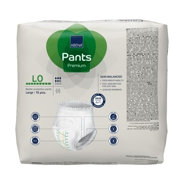Bildbeschreibung: Auf dem Bild sind mehrere Verpackungen von Abena Pants Premium Inkontinenzhosen in verschiedenen Größen zu sehen. Die Hosen sind in einer ansprechenden, modernen Verpackung präsentiert, die in einem hellen Blau und Weiß gehalten ist. Auf der Vorderseite der Verpackung sind Symbole zur Produktbeschreibung, wie Absorptionsstärke und Größe, abgebildet, sowie der Hinweis auf Hautfreundlichkeit.