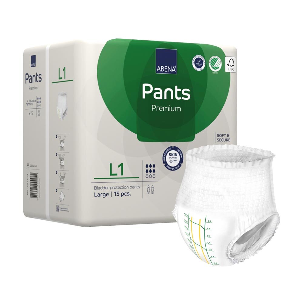 Auf dem Bild ist eine Packung mit Inkontinenzhosen der Marke Abena abgebildet. Die Verpackung ist überwiegend in sanften Farben gehalten und zeigt Informationen über das Produkt, darunter die Größe und die absorbierenden Eigenschaften. Die Abena-Pants erscheinen als bequeme, anatomisch geformte Hosen, die für einen sicheren, diskreten Schutz konzipiert sind. Im Hintergrund sieht man eine weiche, helle Textur, die eine komfortable Umgebung suggeriert.