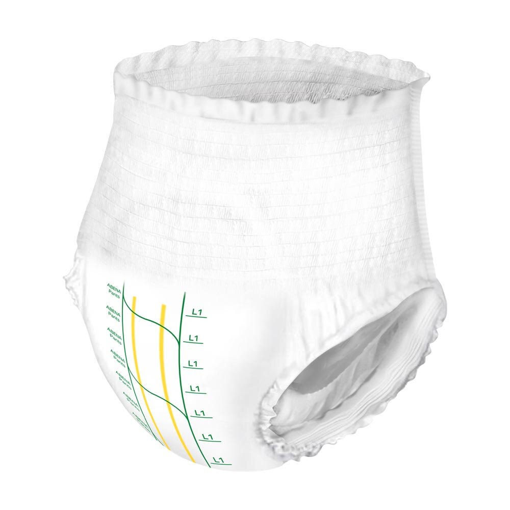 Bildbeschreibung: Auf dem Bild ist eine Packung mit Abena Premium Pants L1 zu sehen, einem Produkt für Inkontinenz. Die Verpackung ist hauptsächlich in einem hellen Blau gehalten und zeigt das Produkt in einer ansprechenden Darstellung. Auf der Vorderseite sind die Produktbezeichnung "Abena Pants Premium L1" sowie wichtige Informationen wie die Größe und Saugstärke deutlich sichtbar. Der Hintergrund ist schlicht und hell, wodurch die Verpackung gut zur Geltung kommt.