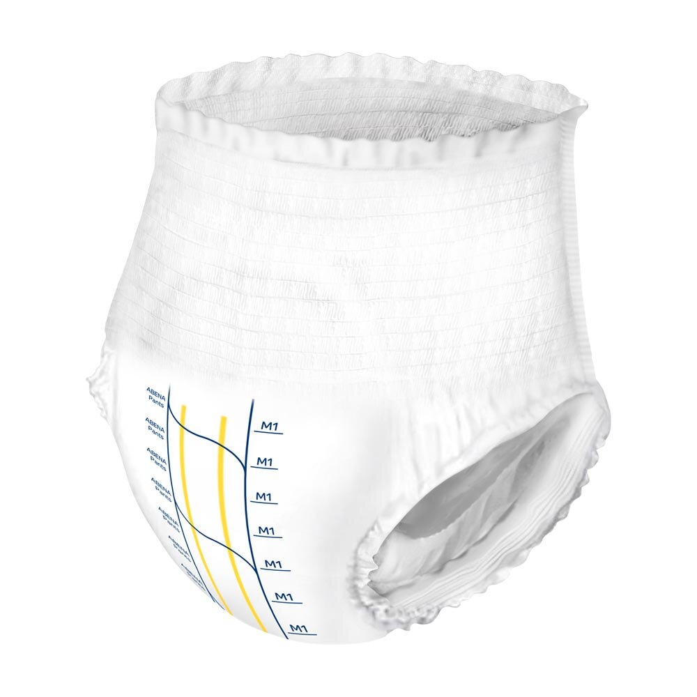 Abena Premium M1 Inkontinenzhose, abgebildet auf einem neutralen Hintergrund. Die Hose ist aus einem weichen, flexiblen Material gefertigt und zeigt eine helle, gräuliche Farbe mit einem dezenten, texturierten Muster. Der obere Bund ist elastisch und sorgt für einen angenehmen Tragekomfort. Die Form der Hose ist anatomisch gestaltet, um eine gute Passform zu gewährleisten.