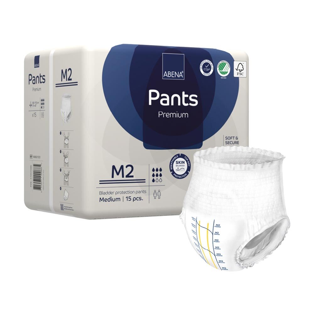 Abena Premium M2 Inkontinenzhosen sind in dieser Produktbeschreibung zu sehen. Die Hosen sind in einem beigen Farbton dargestellt, mit einer weichen, textilen Oberfläche, die für zusätzlichen Komfort sorgt. Sie sind für Erwachsenen-Inkontinenz konzipiert und verfügen über elastische Bündchen an Taille und Beinen, um ein sicheres, atmungsaktives Tragegefühl zu gewährleisten.