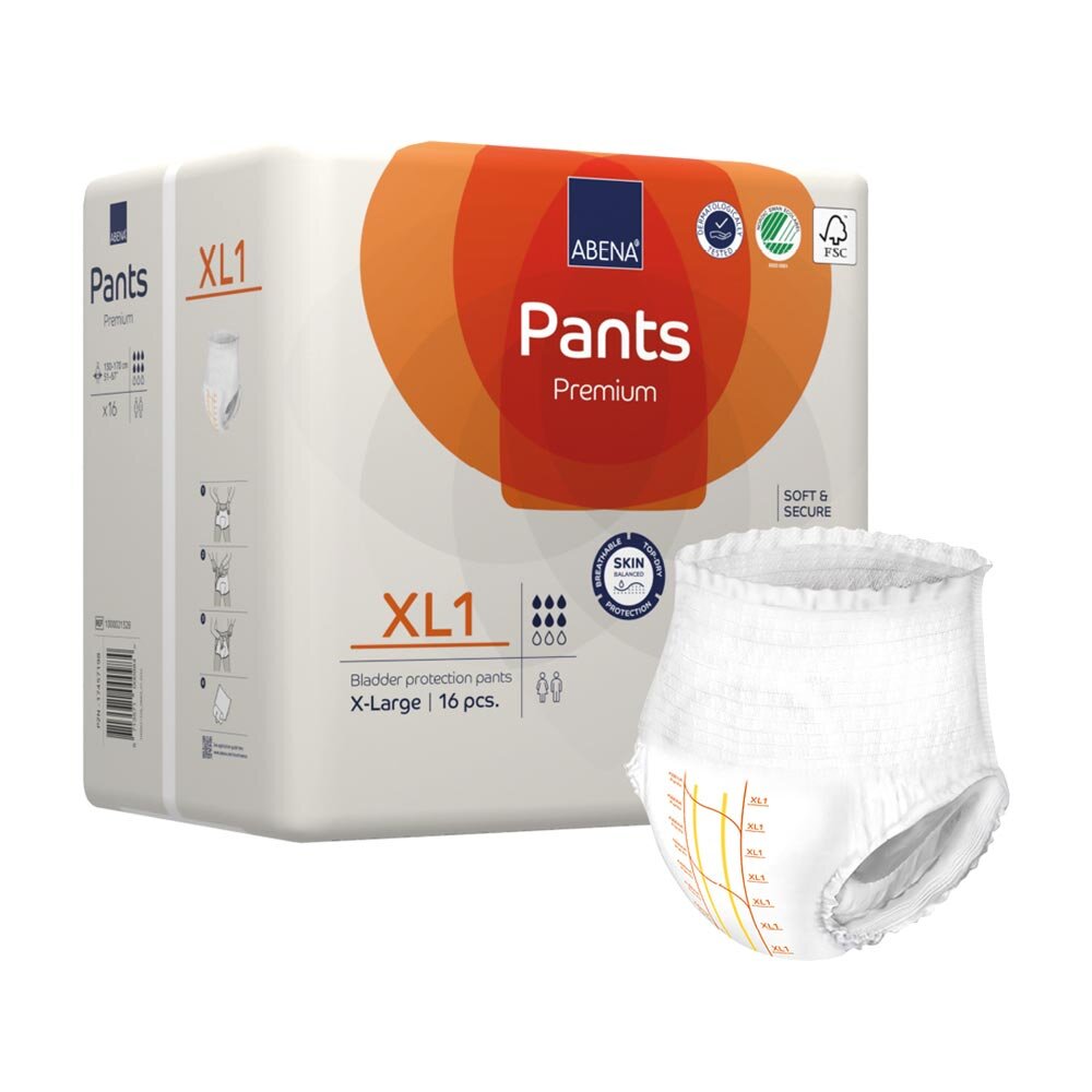 Alt-Text: Das Bild zeigt eine Packung Abena Pants Premium in der Größe XL1, die für die Bequemlichkeit bei Inkontinenz entwickelt wurden. Die Packung ist überwiegend weiß mit grellen Farben und enthält eine Darstellung des Produkts, das weich und atmungsaktiv aussieht. Die Vorderseite der Packung hebt die Eigenschaften wie hohe Saugfähigkeit und Sicherheit hervor.