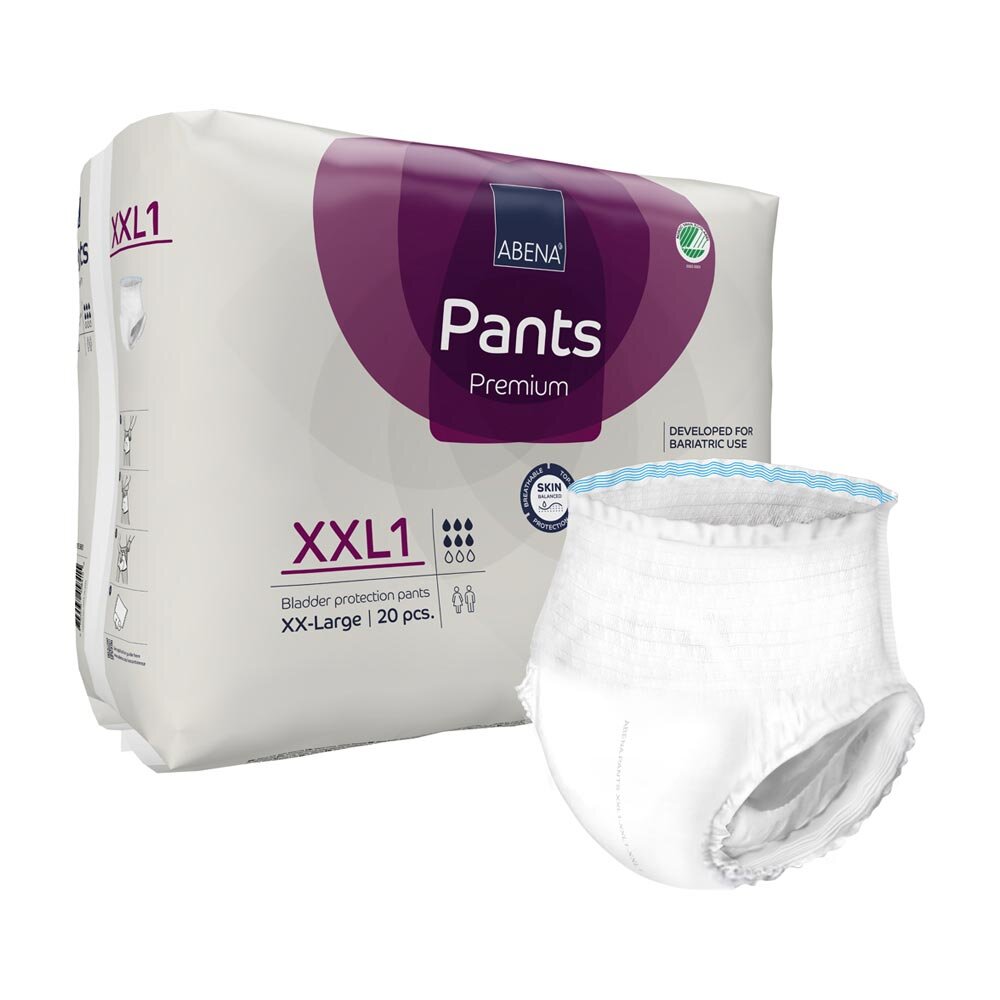 Weißer Hintergrund mit einem Produktbild von Abena Premium Pants XXL, einer Inkontinenzhose. Die Hose hat eine elastische Taille und kommt ohne Seitennaht, was einen hohen Tragekomfort bietet. Die Oberfläche der Hose ist weich und atmungsaktiv, designed für diskrete Nutzung. Sie ist in einer neutralen Farbe gehalten, die sich gut anpasst. Die Verpackung hebt verschiedene Features hervor, wie hohe Saugfähigkeit und eine zuverlässige Passform. Im Bild sind keine weiteren Details oder Requisiten zu sehen.