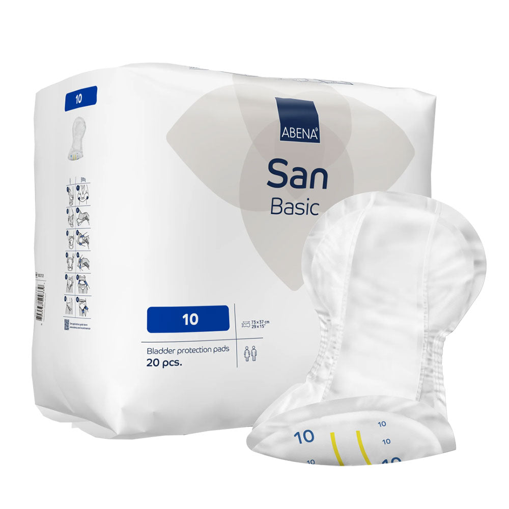 Frontalansicht einer Packung Abena San Basic 10. Davor eine einzeln entnommene Inkontinenzwindel.