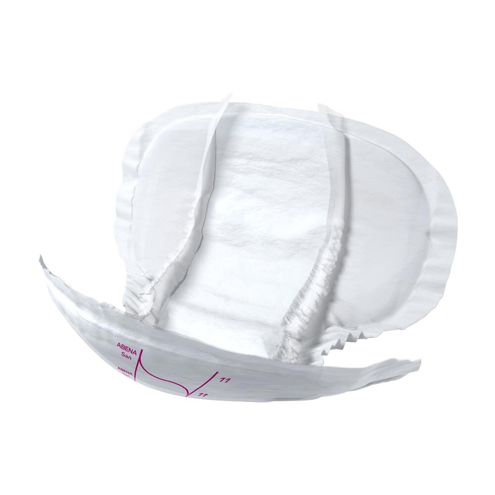 Abena San Premium 11 Inkontinenzeinlagen in einer transparenten Verpackung. Die Einlagen sind in einem kompakten Format angeordnet, gut sichtbar ist die Produktbezeichnung "Abena San Premium 11" auf der Vorderseite der Verpackung. Die Farben sind überwiegend blau und weiß, mit auffälligen grafischen Elementen, die eine hohe Saugfähigkeit und Sicherheit betonen. Die Verpackung zeigt Informationen über Größe und Anwendung, zudem sind sie für leicht bis mäßig inkontinente Personen geeignet.