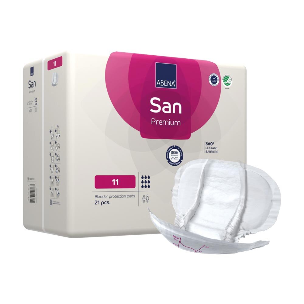 Weißes Paket mit blauen und grünen Akzenten, das 11 Inkontinenzeinlagen der Marke Abena San Premium zeigt. Auf der Vorderseite des Pakets sind klare Produktinformationen wie die Produktbezeichnung, die Anzahl der Einlagen sowie Symbole für Sicherheit und Saugstärke angegeben. Der Hintergrund ist schlicht gehalten, um die Lesbarkeit zu fördern. Die Verpackung wirkt professionell und ansprechend, was auf die hohe Qualität und Zuverlässigkeit des Produkts hinweist.