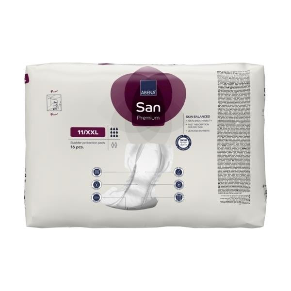 Abena San Premium 11 XXL Inkontinenzeinlagen in einer Packung mit gelbem und grünem Design. Die Sichtseite zeigt die Produktbezeichnung sowie die XXL-Größe und Hinweise zur Saugfähigkeit. Die Einlagen sind in einem sauberen, flachen Arrangement angeordnet, was ihre weiche und diskrete Beschaffenheit betont. Auf der Verpackung sind zusätzliche Symbole und Informationen wie Hautfreundlichkeit und Verwendung abgebildet. Der weiße Hintergrund hebt die Farbe und Details der Einlagen hervor.