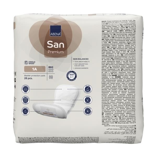 Produktbild der Abena San Premium 1A Inkontinenzeinlagen. Die Verpackung zeigt eine weiße, leicht transparente Folientüte, auf der das Produktlogo in blauen und grünen Farben abgebildet ist. In der oberen linken Ecke steht "Abena San Premium" in auffälliger Schrift. Unten sind Informationen über die Größe und Absorptionsstärke zu sehen. Der Hintergrund ist neutral, was die Einlagen hervorhebt. Die Tüte ist vollständig sichtbar und zeigt das hochwertige Design, das auf Komfort und Diskretion ausgelegt ist.