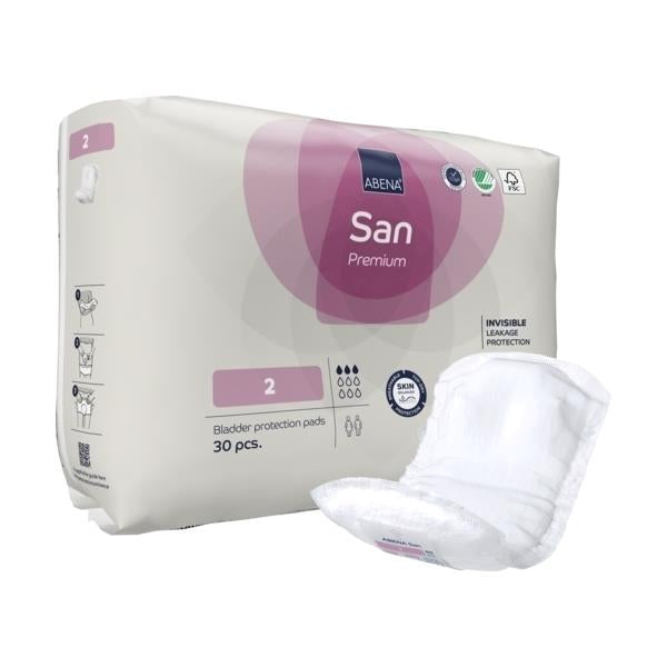 Das Produktbild zeigt eine Packung mit Abena San Premium 2 Inkontinenzeinlagen. Die Packung ist in einer hochwertigen, ansprechenden Gestaltung gehalten und zeigt das Logo von Abena sowie die Bezeichnung des Produkts und die Größe. Die Einlagen sind farbig abgebildet und vermitteln einen Eindruck von Qualität und Saugfähigkeit. Im Hintergrund ist eine weiße, neutrale Fläche, die den Fokus auf die Produkthülle lenkt.