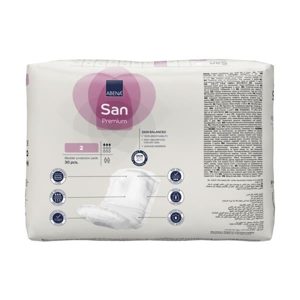 Produktbild einer Abena San Premium 2 Inkontinenzeinlage. Die Einlage ist in einer transparenten Verpackung zu sehen, die im oberen Bereich des Bildes ein sichtbares Logo und den Produktnamen zeigt. Die Einlage hat eine schlanke, ergonomische Form und zeigt eine weiche Oberfläche. Ihre blauen und weißen Farbschemata deuten auf eine hohe Absorptionsfähigkeit hin. Im Hintergrund ist ein hellgrauer, sanfter Farbton zu erkennen, der die Einlage visuell hervorhebt.