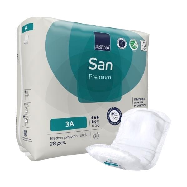 Abena San Premium 3A Inkontinenzeinlagen sind in einer transparenten Verpackung zu sehen, die mit einem klaren, blauen Schriftzug versehen ist. Die Einlagen sind weiß und haben eine flexible, anatomische Form. Sie sind mit einer speziellen Oberflächenstruktur ausgestattet, die für hohen Komfort sorgt. In der Verpackung befinden sich mehrere Einlagen, die darauf hinweisen, dass das Produkt für leichte bis mittlere Inkontinenz geeignet ist.
