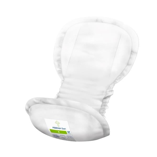 Das Bild zeigt eine Packung der Abena San Premium 4 Inkontinenzeinlagen. Die Verpackung ist in einem frischen, fröhlichen Design gehalten und trägt hervorgehobene Angaben wie "San Premium 4" und "Inkontinenzeinlagen". Die Einlagen selbst sind auf einem weißen Hintergrund angeordnet und flach dargestellt, was ihre Anwendungsform verdeutlicht. Die Verpackung enthält Informationen über die Anzahl der Einlagen sowie deren Eigenschaften.