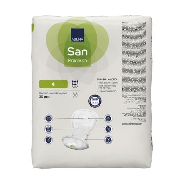 Abena San Premium 4 ist ein Pack mit Inkontinenzeinlagen, abgebildet auf einem weißen Hintergrund. Die Verpackung zeigt ein hochwertiges Design mit einer transparenten Front, die die Einlagen präsentiert. Im oberen Bereich ist das Logo "Abena" sowie der Produktname und die Größe "San Premium 4" klar lesbar. Die Einlagen sind großzügig und flach, wobei die Struktur der Oberfläche und die Schutzbarrieren sichtbar sind.