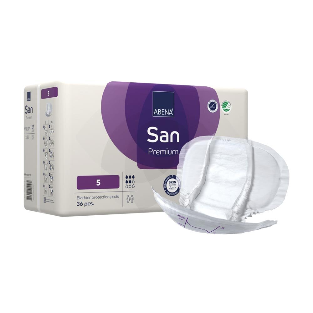 Produktabbildung der Abena San Premium 5 Inkontinenzeinlagen. Die Einlagen sind in einem klaren, weißen Verpackungsdesign präsentiert, das die Produktbezeichnung und die Eigenschaften hervorhebt. Im Vordergrund sind die Einlagen sichtbar, die eine gebogene, dünne Form haben und leicht transparent erscheinen. Auf dem Verpackungshinweis sind Merkmale wie Saugstärke und Komfort aufgeführt. Der Hintergrund ist einfach gehalten, um die Aufmerksamkeit auf die Inkontinenzeinlagen zu lenken.
