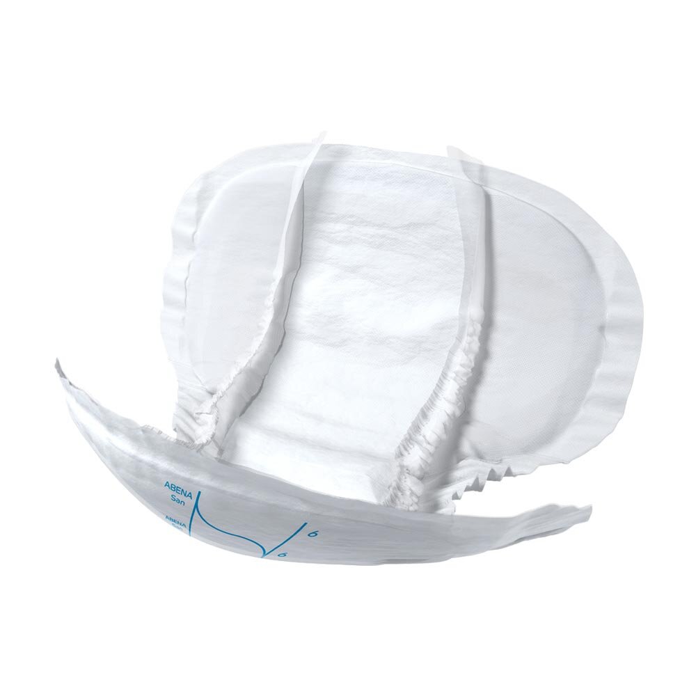 Abena San Premium 6 Inkontinenzeinlagen auf einem weißen Hintergrund. Die Einlagen sind in einer klaren, transparenten Verpackung zu sehen, die den Blick auf die Einlagen selbst freigibt. Sie sind oval geformt und haben ein hygienisches, abgestuftes Design mit einer mittigen Einlage für einen höheren Saugstaue. Die Oberfläche wirkt weich und angenehm, während die farbigen Markierungen die Größe und Saugfähigkeit anzeigen.