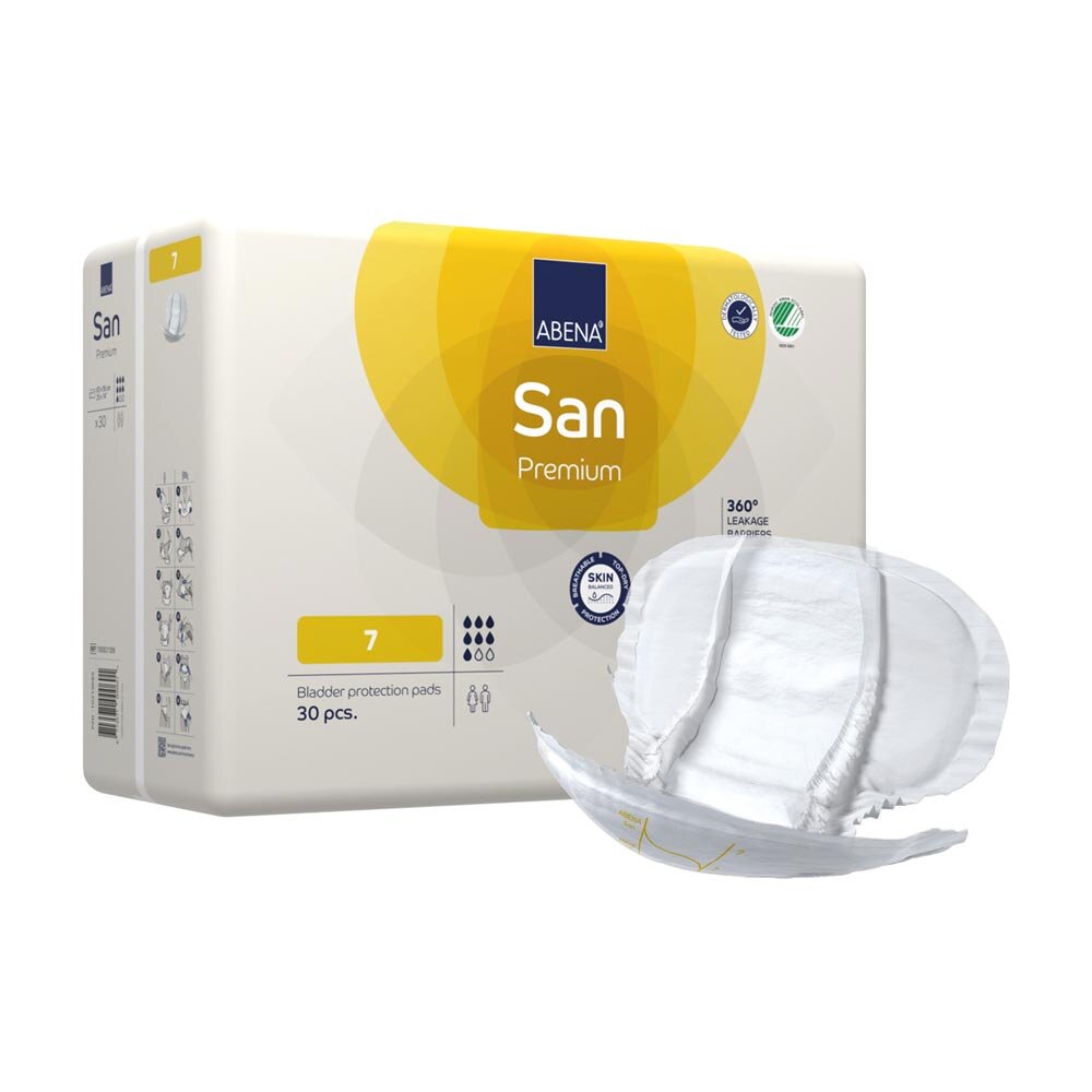 Abena San Premium 7 Inkontinenzeinlagen, abgebildet auf einem weißen Hintergrund. Die Verpackung ist grün und blau gestaltet und zeigt einen QR-Code sowie Informationen über die Einlagen. Die Vorderseite hebt die Produktbezeichnung "San Premium 7" hervor, während die Seite weitere Details zur Saugfähigkeit und Größe bietet. Die Einlagen selbst sind nicht sichtbar, aber die Verpackung vermittelt den hochwertigen Charakter und die Zuverlässigkeit des Produkts für den täglichen Gebrauch bei Inkontinenz.