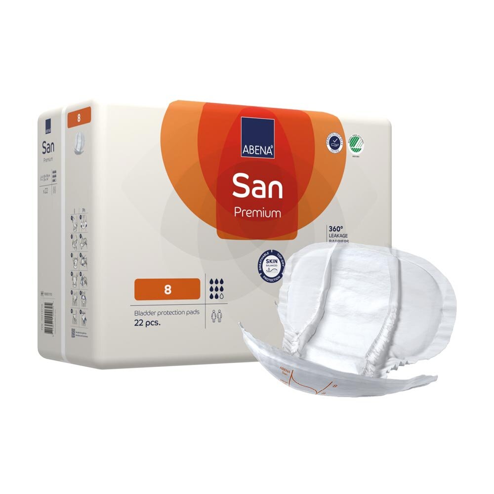 Alt-Text: Abena San Premium 8 Inkontinenzeinlagen, verpackt in einer auffälligen, farbigen Verpackung. Die Vorderseite zeigt das Produktlabel mit klar erkennbaren Informationen zu Größe und Absorption. Die Einlagen sind für Erwachsene konzipiert und bieten hohen Komfort sowie Sicherheit. Die Verpackung weist eine grüne Farbgebung auf, die auf Umweltfreundlichkeit hinweist.