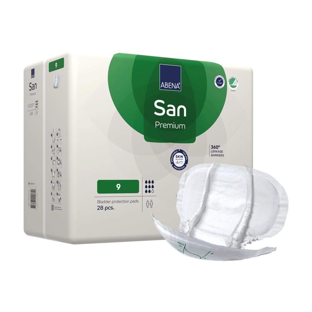 Abena San Premium 9 Inkontinenzeinlagen in einer transparenten Verpackung. Die Einlagen sind in klassischem Weiß gehalten und zeigen eine strukturierte Oberfläche mit feinen Linien und Piktogrammen für die Hygiene. Auf der Vorderseite der Verpackung sind die Produktbezeichnung und die Größe deutlich sichtbar, begleitet von den Icons zur absorbierenden Kapazität und Anwendungshinweisen.