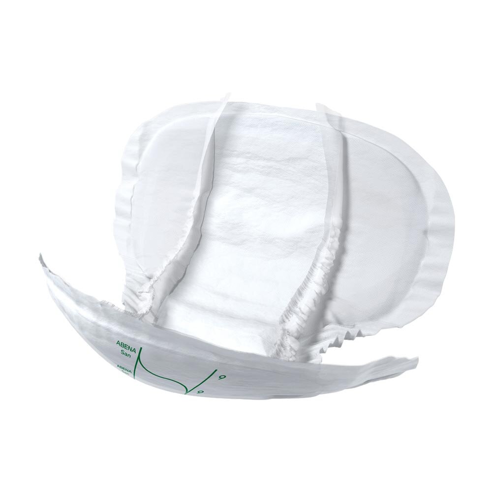 Abena San Premium 9 Inkontinenzeinlagen sind in einer Blisterverpackung präsentiert, die transparent ist und das Produkt sichtbar macht. Die Inkontinenzeinlagen sind in einer klassischen weißen Farbe gehalten, die an der Oberfläche eine leichte Struktur aufweist. Die Verpackung ist mit dem Markenlogo "Abena" und Informationen über die Produktmerkmale bedruckt, darunter das Symbol für hohe Absorption.